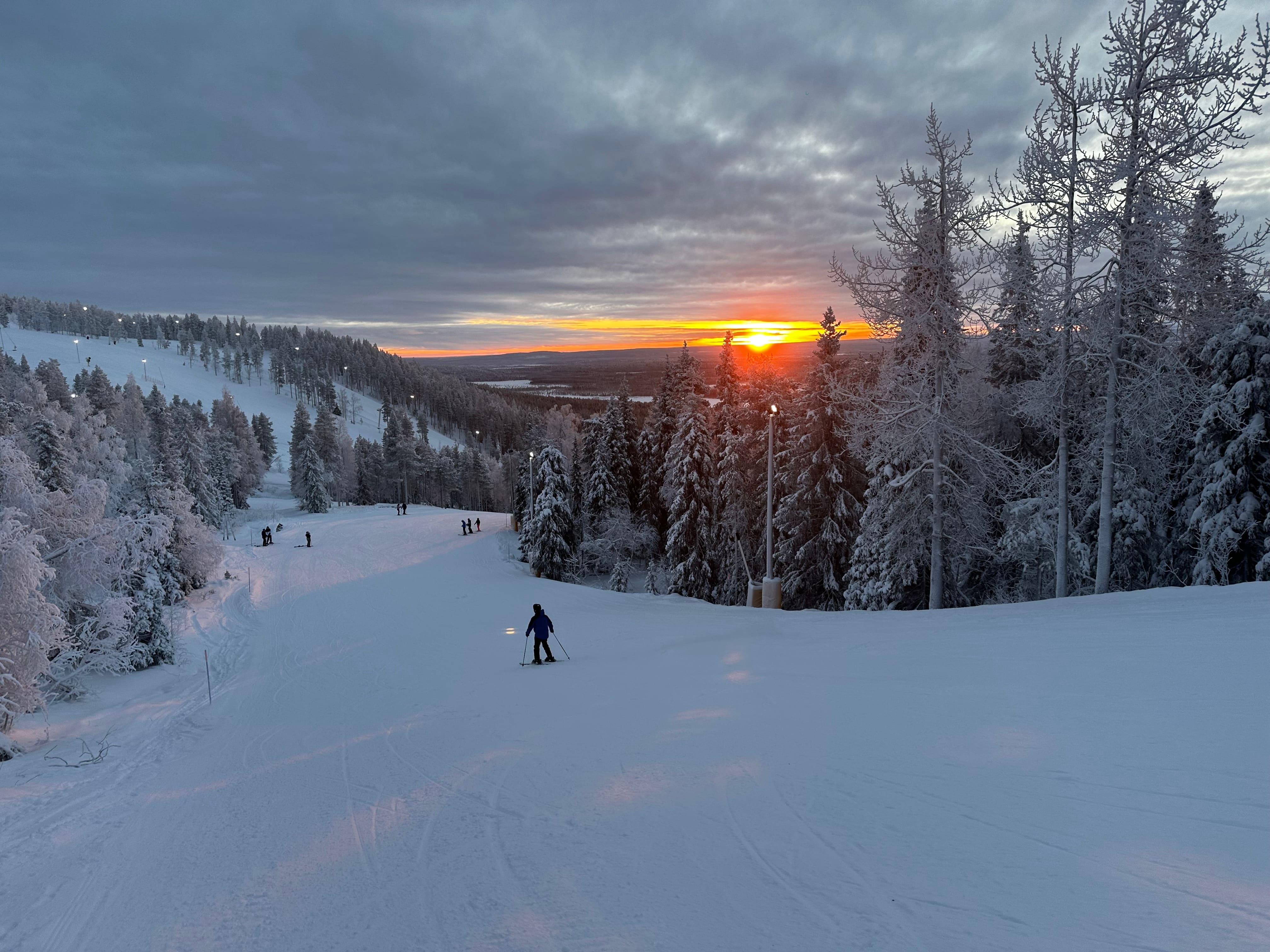 Cross-country ski trail through pine forest — Ylläs Finnish Lapland winter