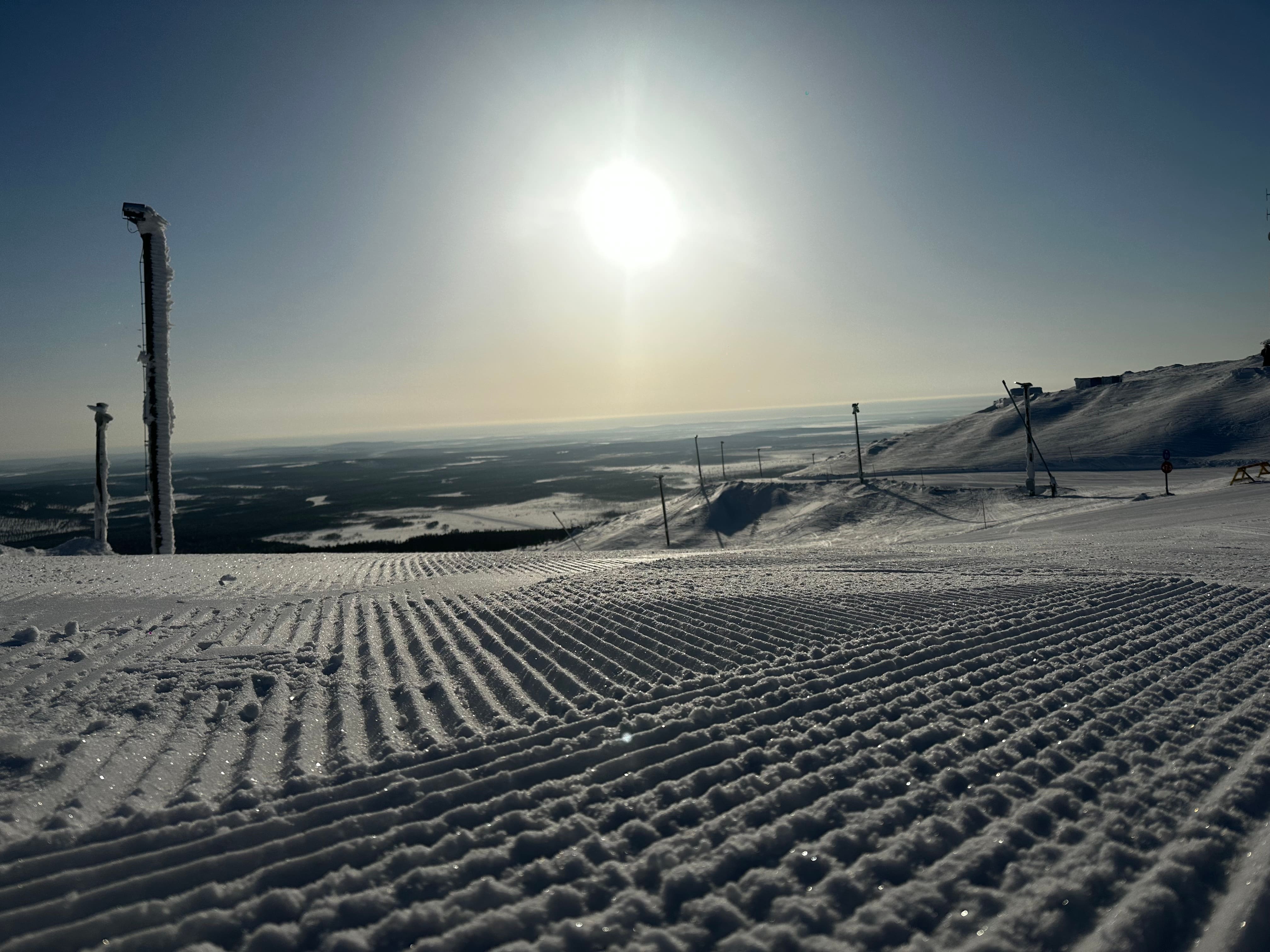 Snowmobile trail across open fell in Levi, Finnish Lapland