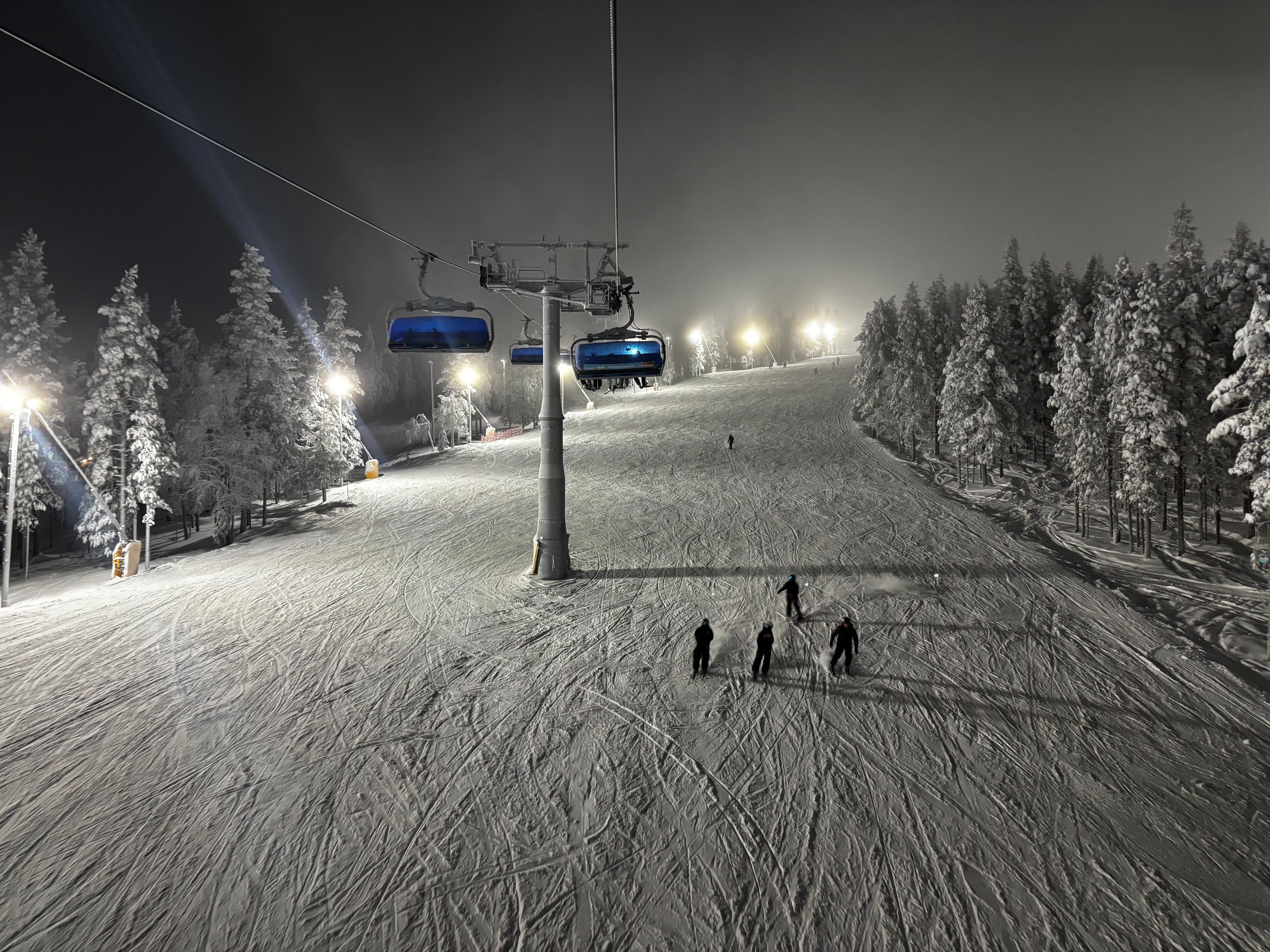 Levi ski resort at night, Finnish Lapland — floodlit slopes